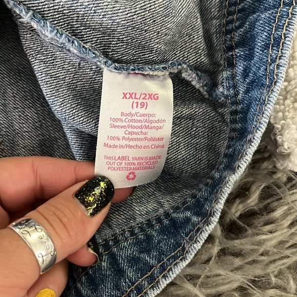 Teddy Sherpa jean jacket XXL white faux fur blue denim button front coat boxyfit - Picture 10 of 10